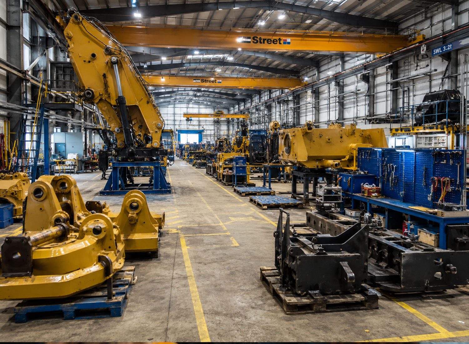 A large, structured industrial engineering workshop facility featuring overhead cranes and heavy machinery components, showcasing localised training pathways and technical infrastructure.