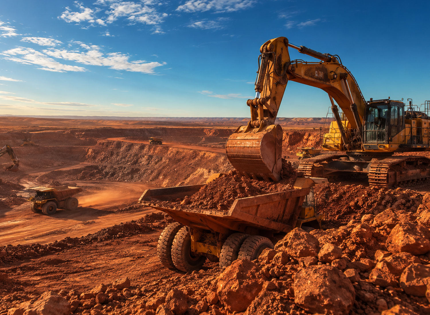 A heavy hydraulic excavator loading iron ore into a haul truck inside an open-cut pit, illustrating principal contract execution within Australia's high-stakes resources corridor.