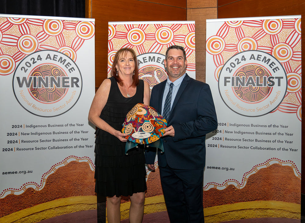 An executive handing over a custom-painted traditional shield trophy to an award recipient on stage during an elegant awards evening.