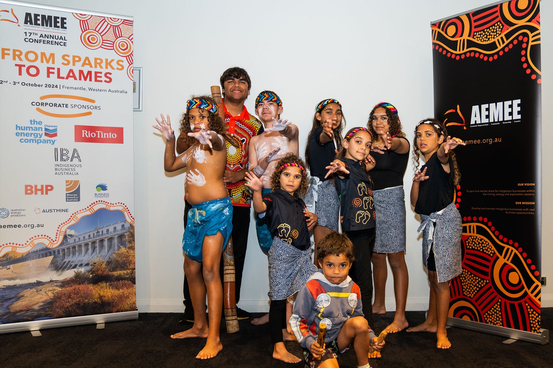  Indigenous youth dancers in traditional body paint performing at the AEMEE 2024 Annual Conference — From Sparks to Flames, Fremantle Western Australia