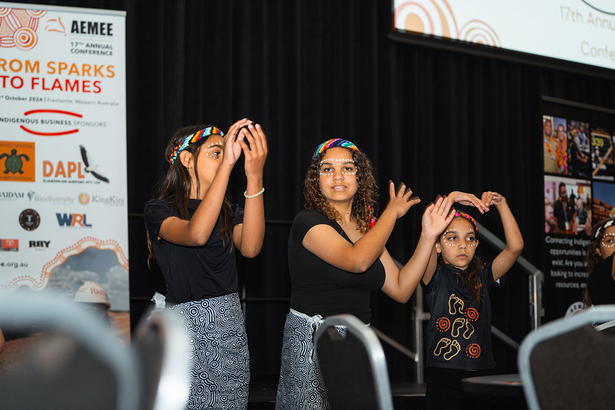 Indigenous youth dancers performing at the AEMEE 2024 Annual Conference Day 1 — From Sparks to Flames, Fremantle Western Australia