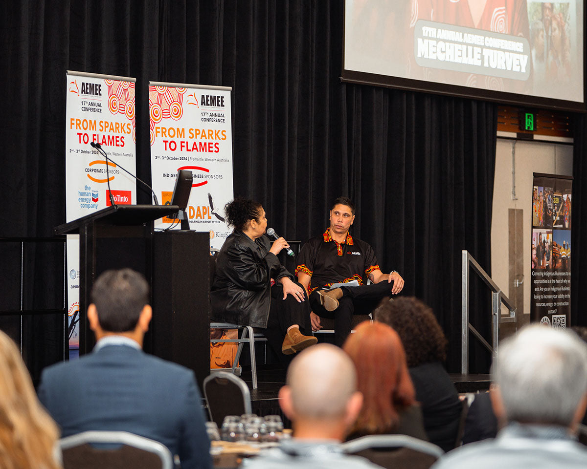 Jyi Lawton, CEO of AEMEE, interviewing keynote speaker Mechelle Turvey at the AEMEE 2024 Annual Conference Day 1, Fremantle Western Australia