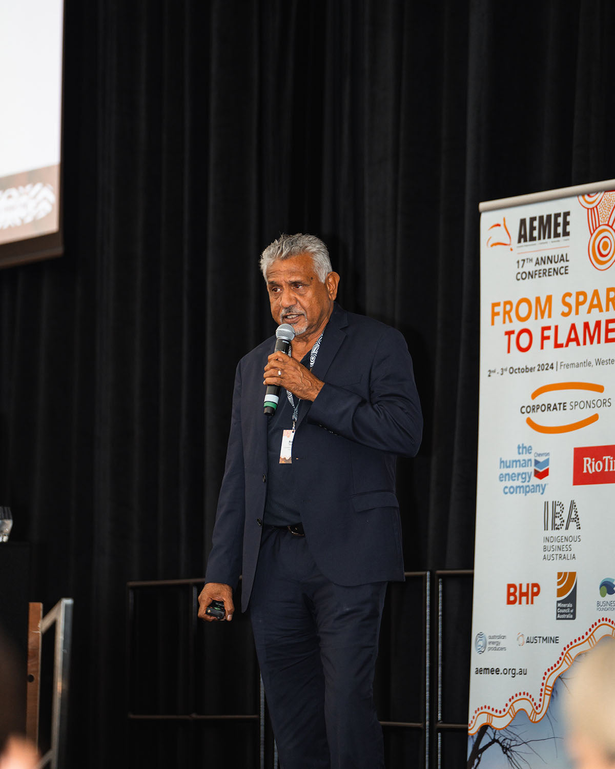 Barry Taylor from Cundaline Resources speaking during the “Walking Two Worlds” presentation at the 2024 AEMEE Annual Conference in Fremantle, WA.