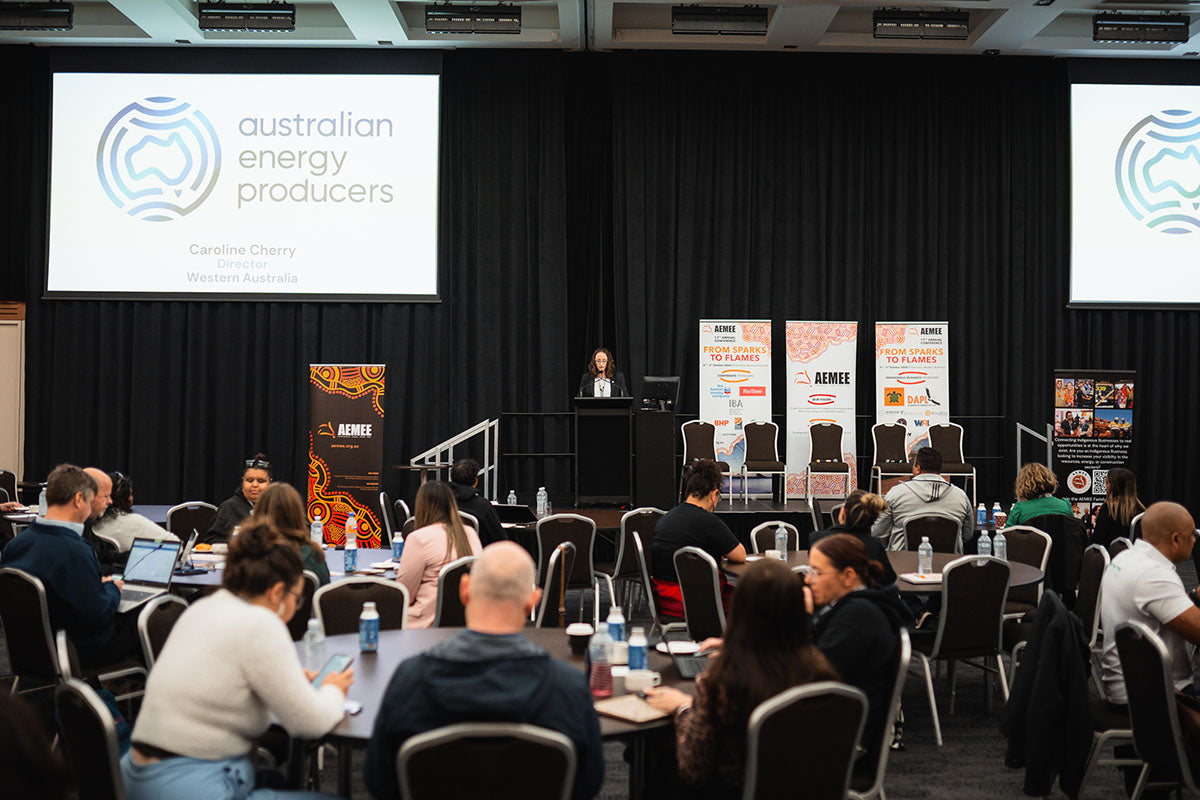 A wide view of the conference auditorium hall with a large overhead projection screen displaying the Australian Energy Producers presentation by Caroline Cherry.