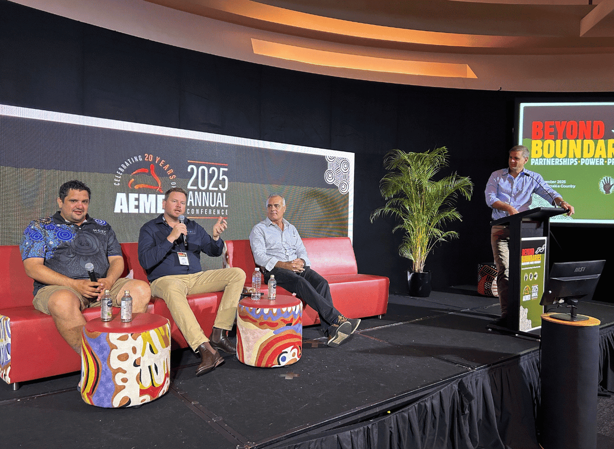  Panel discussion on stage at the AEMEE 2025 Annual Conference Day 2 in Darwin — Beyond Boundaries: Partnerships, Power, Prosperity session