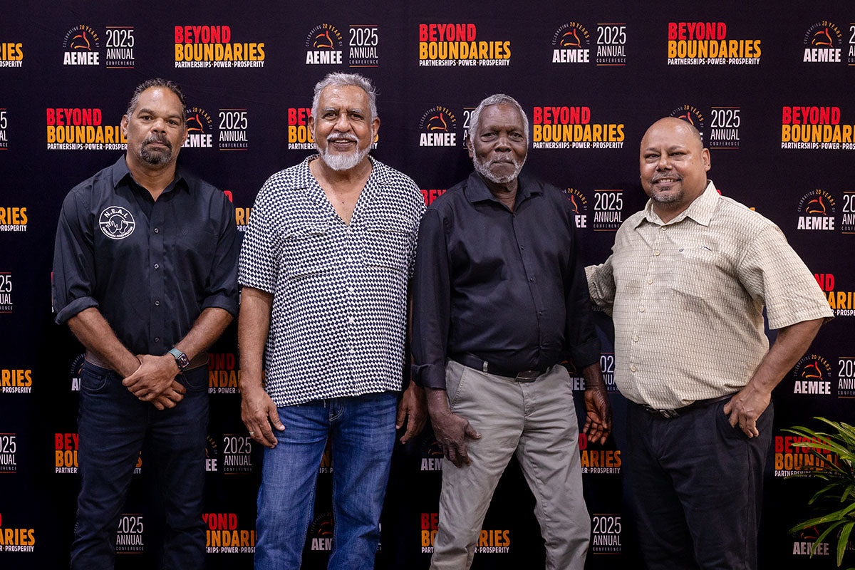Delegates posing at the AEMEE 2025 National Resource Sector Awards gala dinner backdrop, Darwin