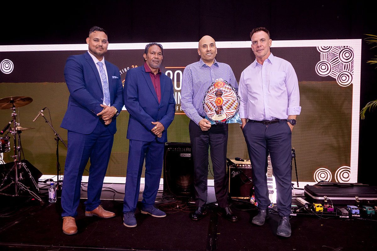 Eastern Guruma Pty Ltd representatives and presenters posing with the 2025 Indigenous Business of the Year award at the AEMEE 2025 Annual Conference.