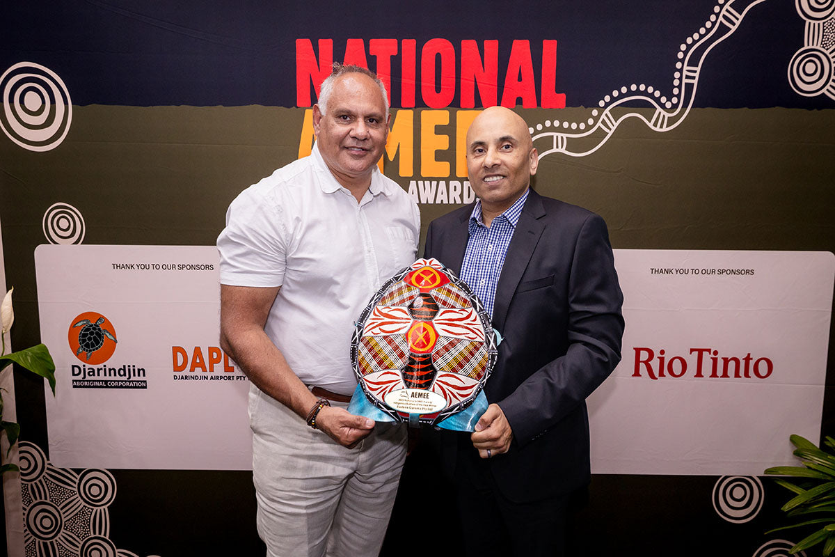 Rio Tinto representatives holding the 2025 Resource Sector Business of the Year award at the National AEMEE Awards.