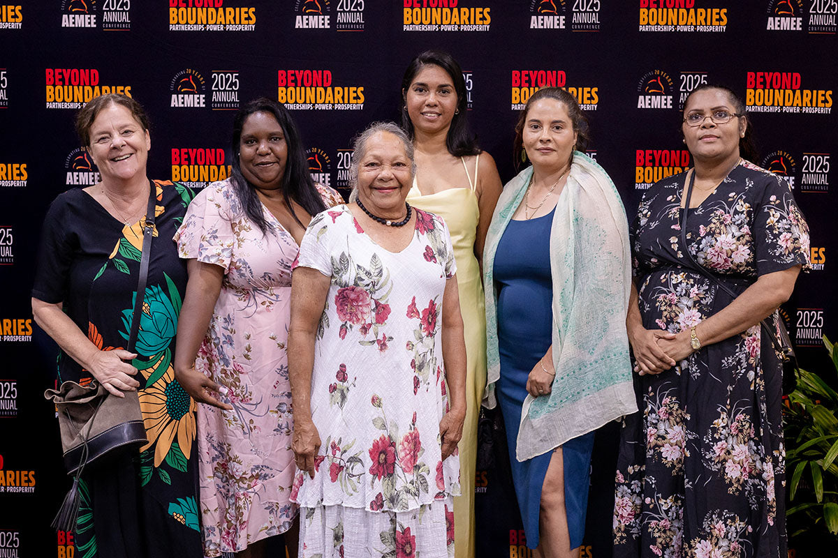 Guests posing at the AEMEE 2025 National Resource Sector Awards gala dinner — Beyond Boundaries backdrop, Darwin