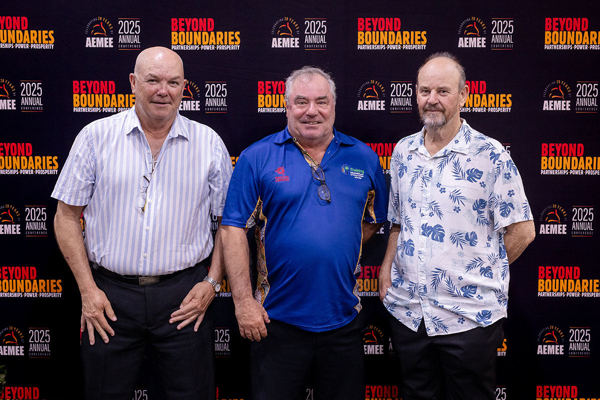 Delegates posing at the AEMEE 2025 National Resource Sector Awards gala dinner — Beyond Boundaries backdrop, Darwin