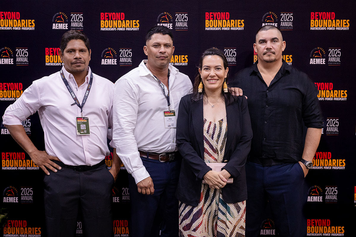 Delegates posing at the AEMEE 2025 National Resource Sector Awards gala dinner — Beyond Boundaries backdrop, Darwin