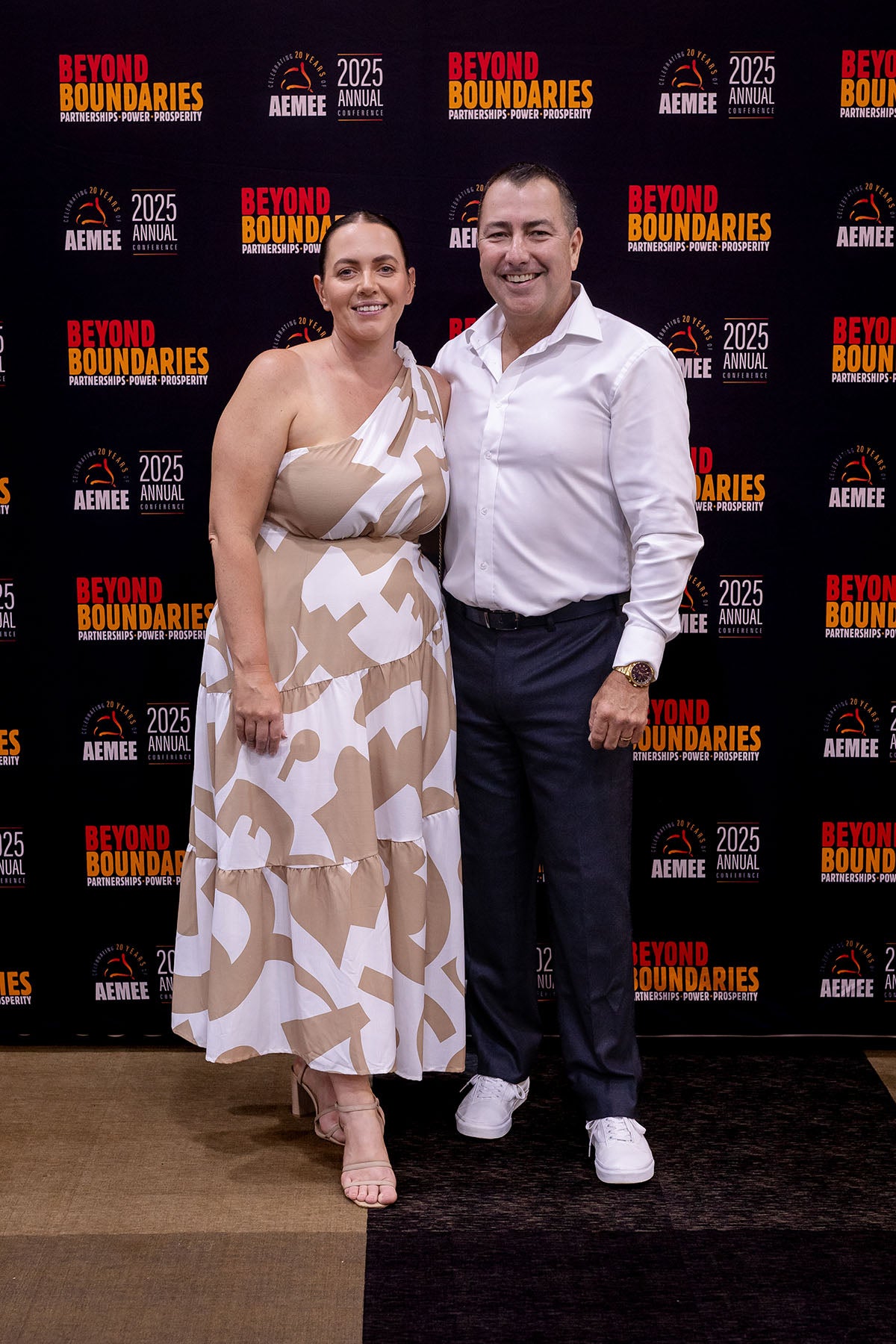 Guests posing at the AEMEE 2025 National Resource Sector Awards gala dinner — Beyond Boundaries backdrop, Darwin