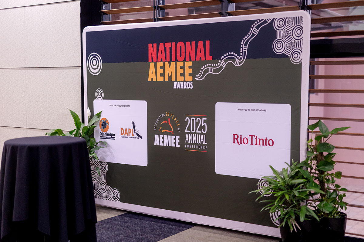National AEMEE Awards 2025 event backdrop featuring sponsor logos Djarindjin, DAPL, and Rio Tinto, Darwin