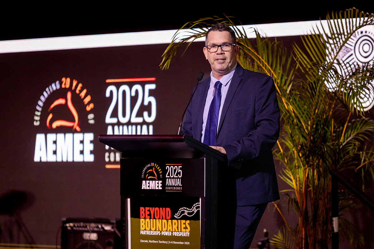 Speaker presenting at the AEMEE 2025 Annual Conference with event branding displayed behind him.
