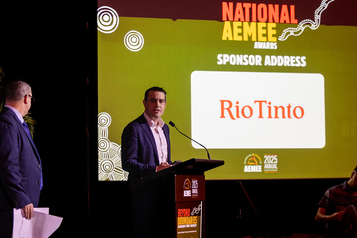 Presenter giving a Rio Tinto sponsor address at the National AEMEE Awards during the 2025 Annual Conference.