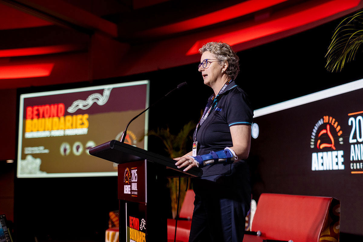 Indigenous Elder presenting at the AEMEE 2025 Annual Conference Day 1, Darwin