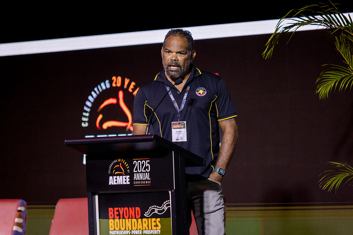 Speaker presenting at the AEMEE 2025 Annual Conference on Indigenous business and resources sector advocacy.