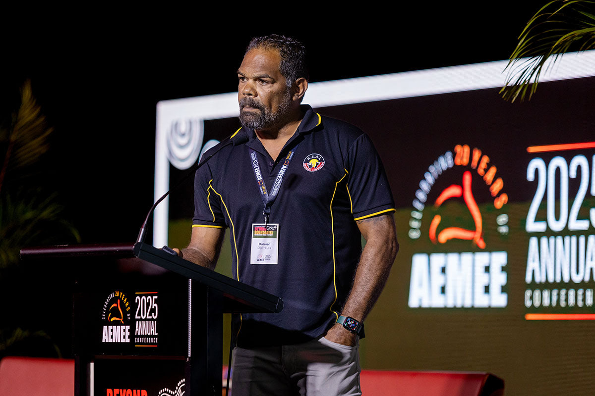Speaker presenting at the AEMEE 2025 Annual Conference on Indigenous business and resources sector advocacy.