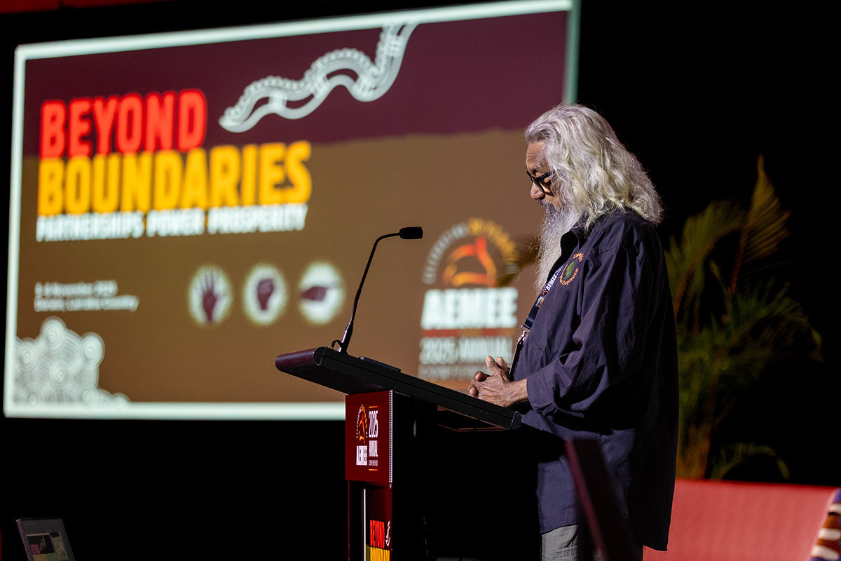 Indigenous Elder presenting at the AEMEE 2025 Annual Conference Day 1, Darwin