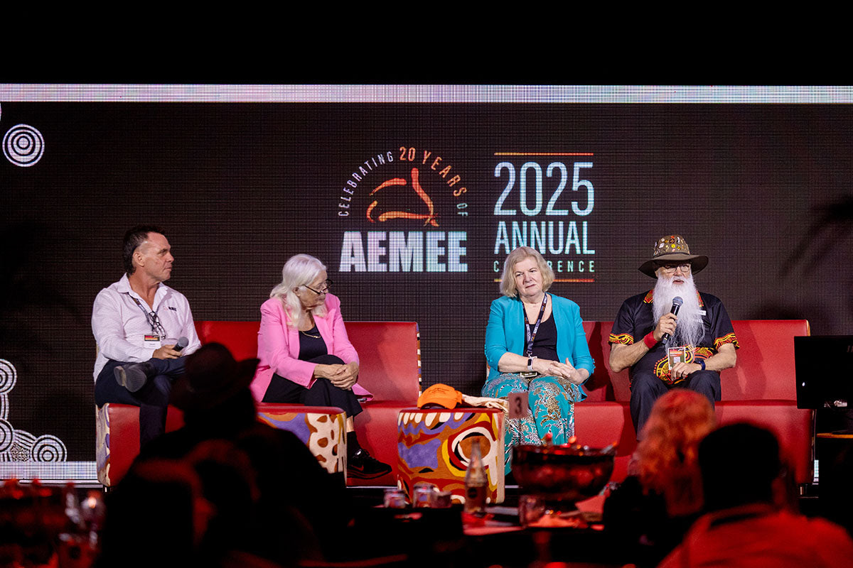 AEMEE 2025 Annual Conference speakers seated on stage during a resources sector panel discussion.