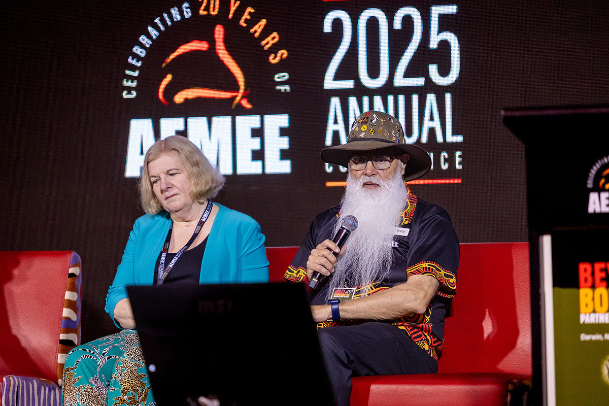 AEMEE 2025 Annual Conference panel featuring two speakers discussing Indigenous business in the resources sector.