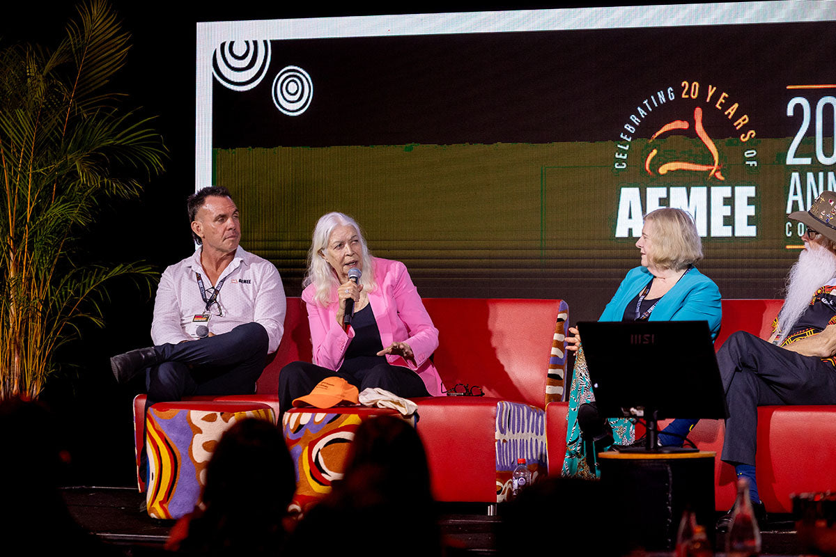 Panel discussion at the AEMEE 2025 Annual Conference featuring speakers on stage with the conference branding behind them.
