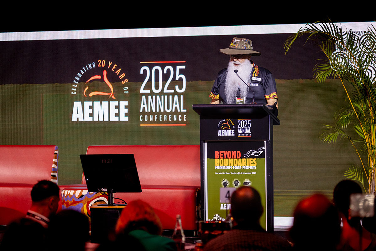 Indigenous Elder speaking at the AEMEE 2025 Annual Conference Day 1, Darwin
