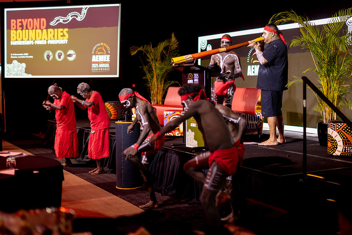 Traditional Indigenous dancers with body paint performing at the AEMEE 2025 Annual Conference Day 1, Darwin