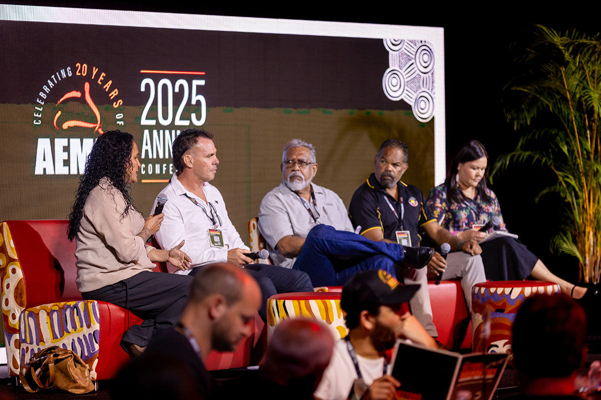 AEMEE conference panel session with speakers sharing insights on Indigenous business and sector advocacy.