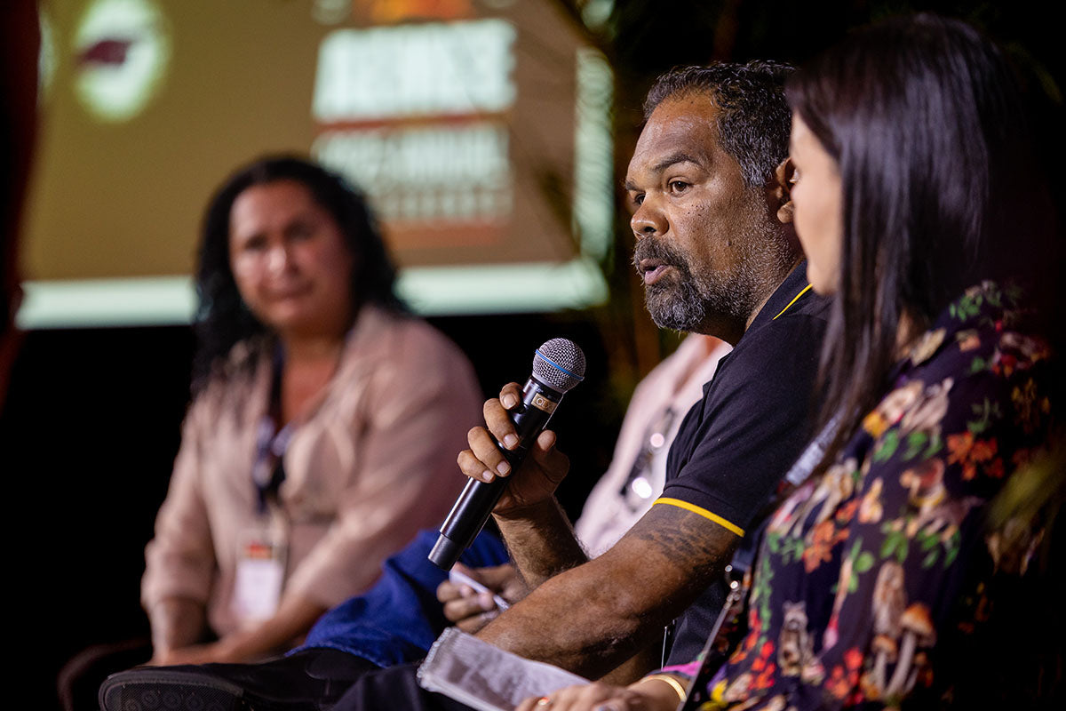 AEMEE conference panellist speaking during a discussion on Indigenous business leadership and sector collaboration.