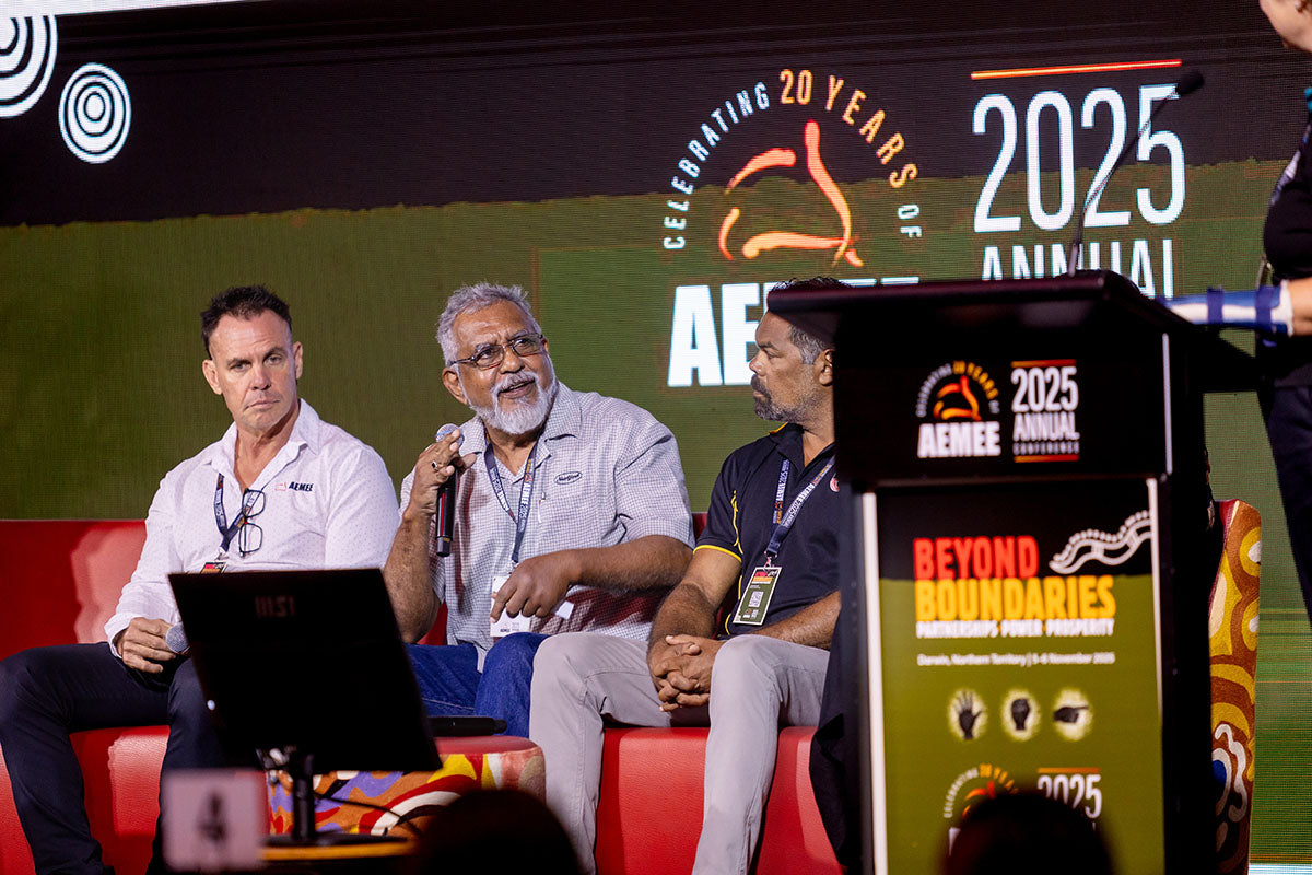 AEMEE conference panellist speaking during a discussion on Indigenous business and resources sector advocacy.