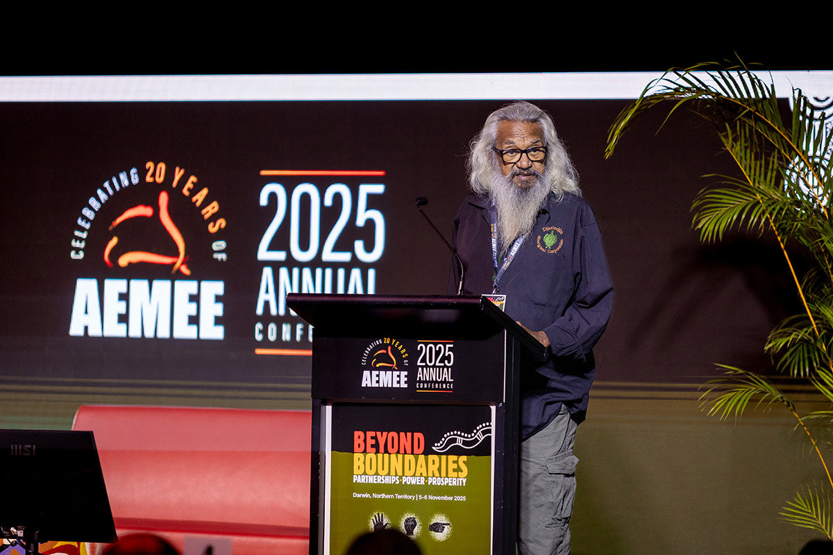 Indigenous Elder presenting at the AEMEE 2025 Annual Conference Day 1, Darwin