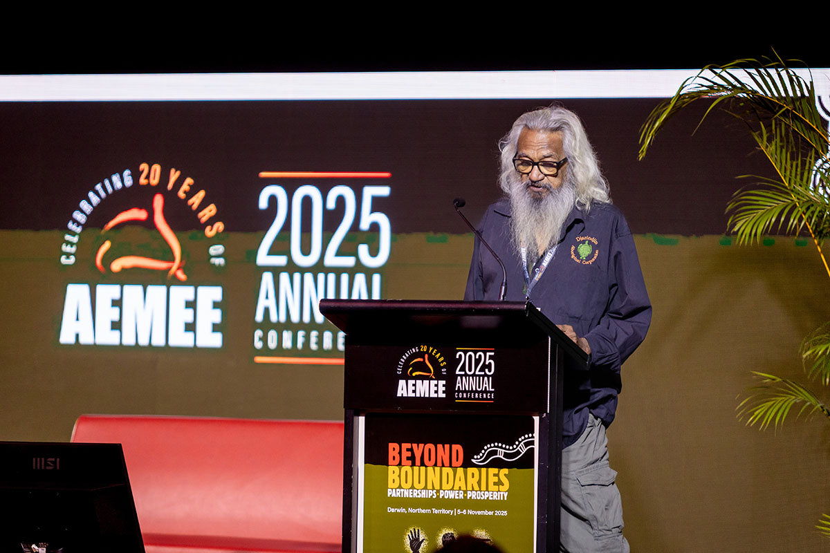 Indigenous Elder speaking at the AEMEE 2025 Annual Conference Day 1 — Beyond Boundaries: Partnerships, Power, Prosperity, Darwin
