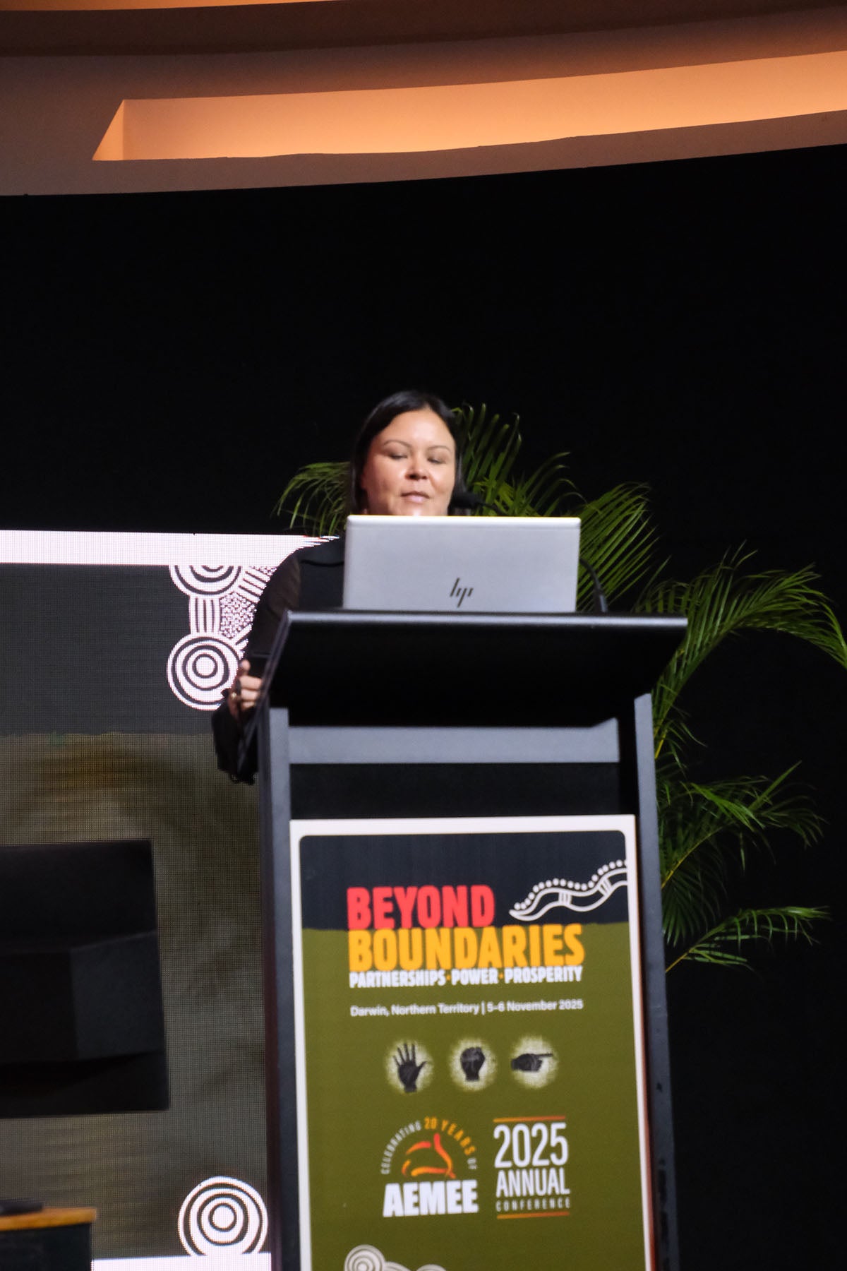 Presenter addressing delegates from the podium at the AEMEE conference.