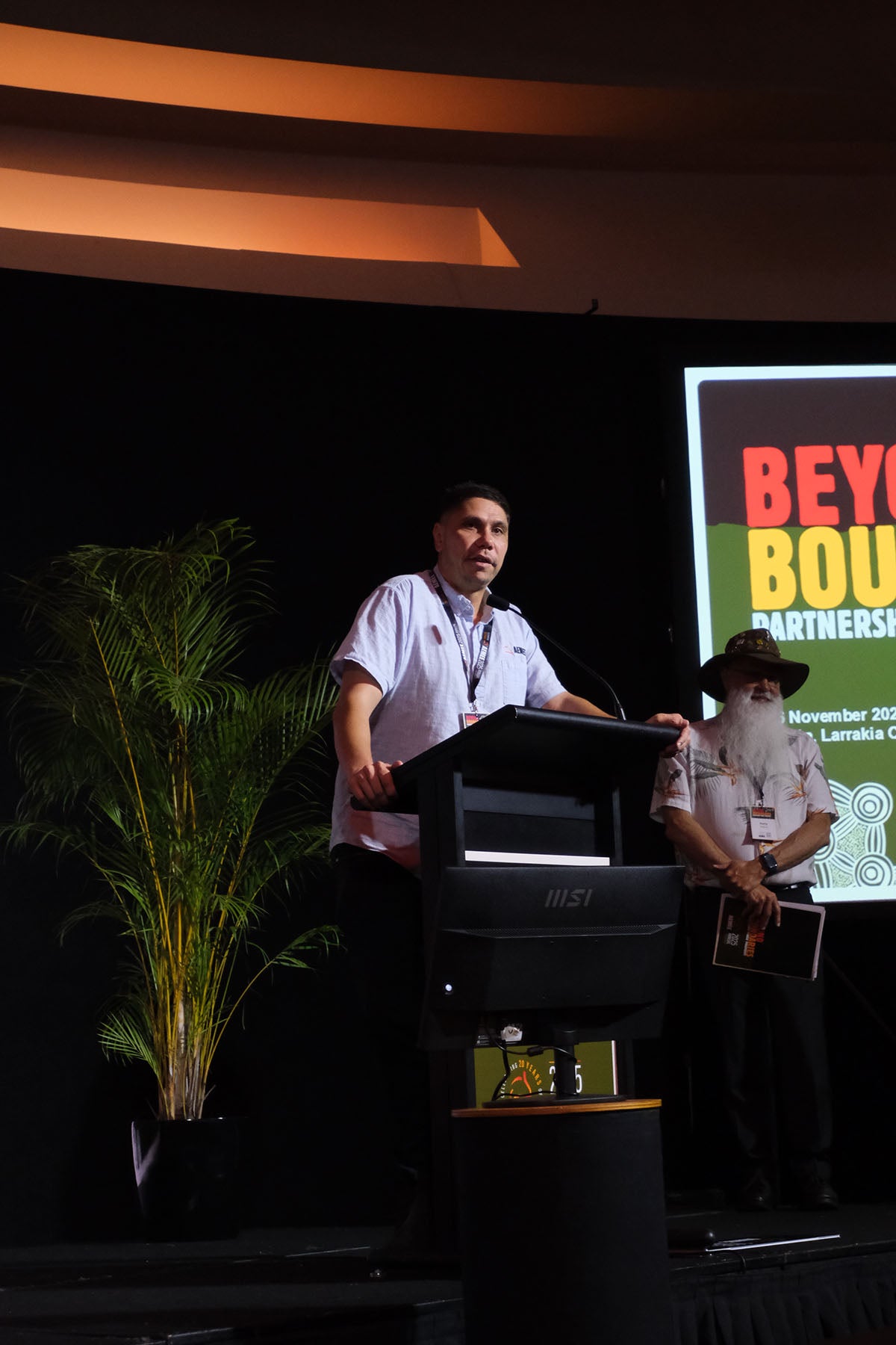 CEO Jyi Lawton, addressing delegates from the podium at the AEMEE conference on Indigenous business and resources sector opportunities.