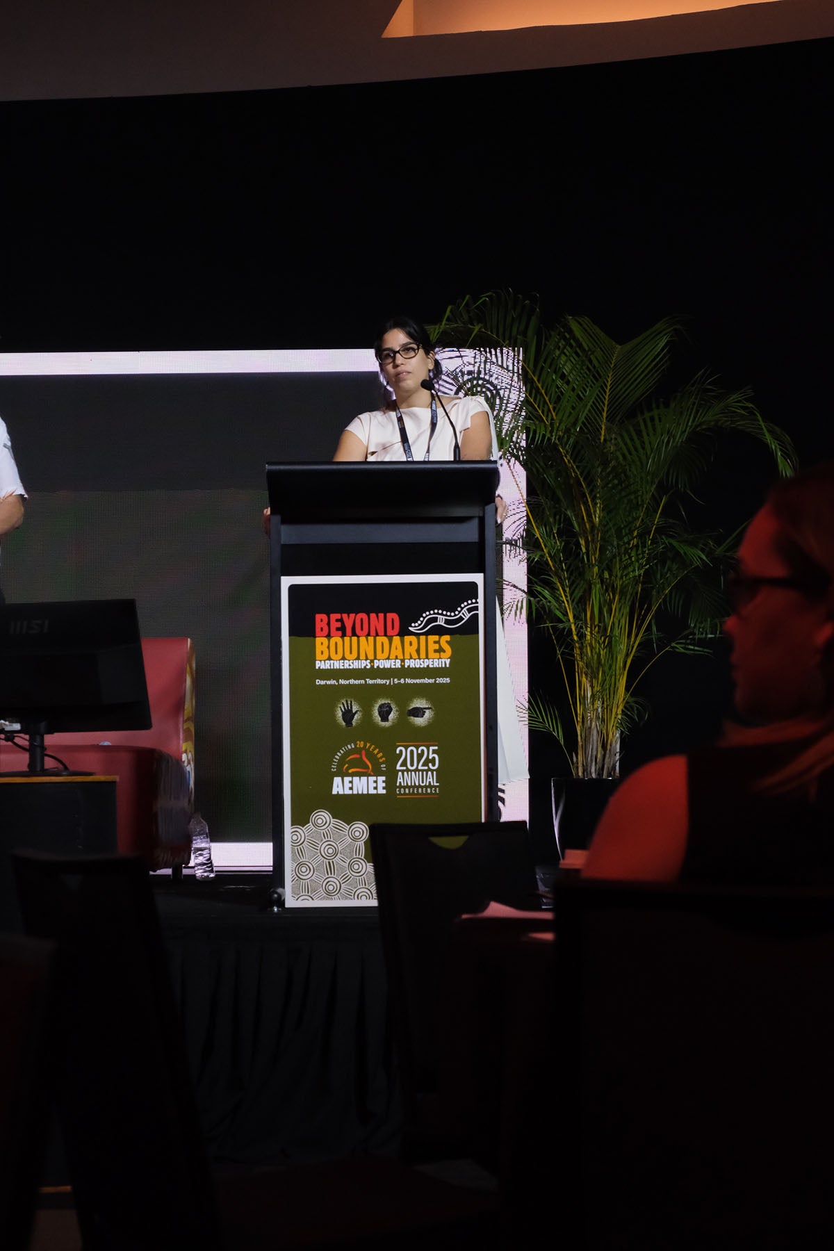 Presenter speaking at the AEMEE 2025 Annual Conference podium during a Beyond Boundaries session.