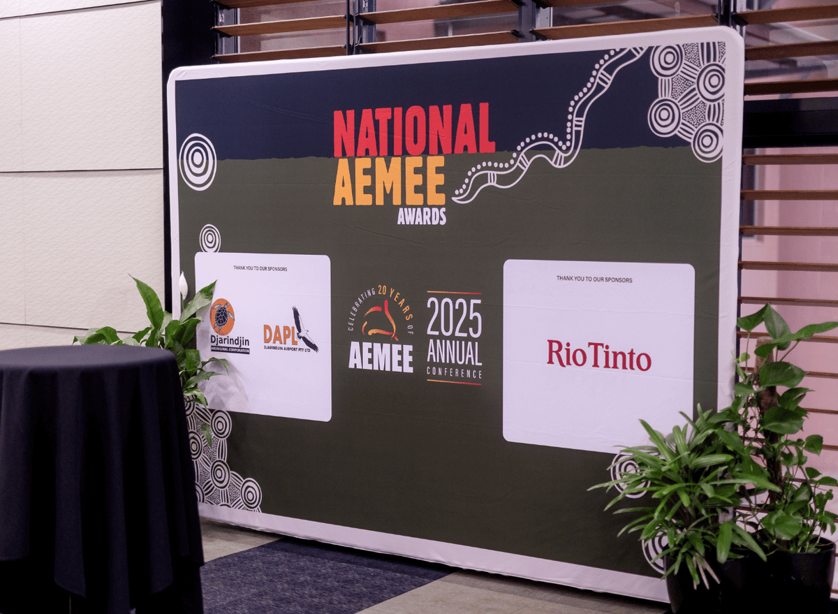 National AEMEE Awards 2025 event backdrop at the AEMEE Annual Conference in Darwin, featuring sponsor logos including Djarindjin Aboriginal Corporation, DAPL, and Rio Tinto