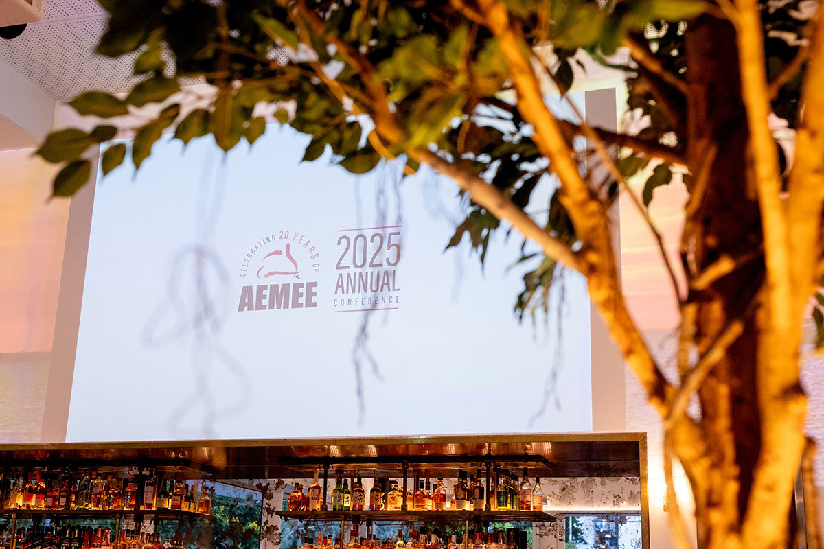 AEMEE 2025 Annual Conference branding projected at the networking night venue, Darwin