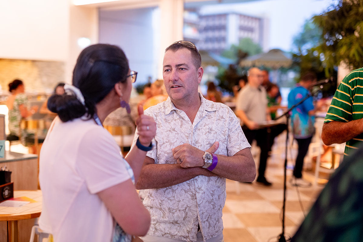 Delegates in conversation at the AEMEE 2025 Annual Conference networking night in Darwin