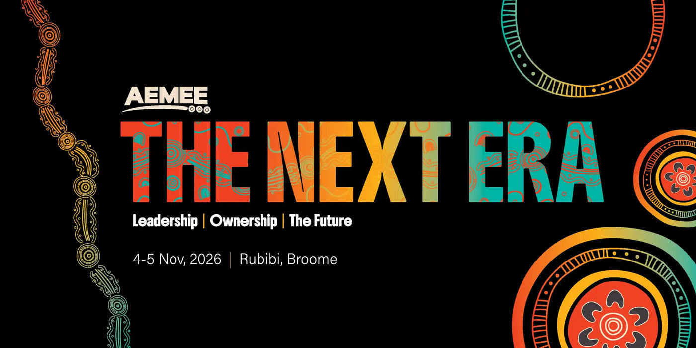 "THE NEXT ERA" filled with vibrant Indigenous art textures alongside the AEMEE logo. The subtext reads "Leadership | Ownership | The Future" and lists the event details as "4-5 Nov, 2026 | Rubibi, Broome," framed by colorful traditional line and circular dot-art motifs in orange, green, and yellow hues.