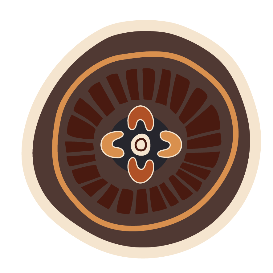 A traditional First Nations circular design featuring an inner cross-like floral totem motif sheltered by a dark charcoal and ochre patterned outer ring.