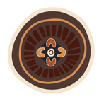 A traditional First Nations circular design featuring an inner cross-like floral totem motif sheltered by a dark charcoal and ochre patterned outer ring.