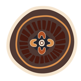 A traditional First Nations circular design featuring an inner cross-like floral totem motif sheltered by a dark charcoal and ochre patterned outer ring.