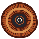 A striking circular artwork pattern composed of dense, fine geometric lines forming deep concentric rings in rust, black, and pale clay tones.