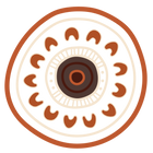 A classic First Nations symbolic design depicting an inner community meeting place surrounded by an open outer ring of u-shaped sitting figures and campfires