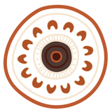A classic First Nations symbolic design depicting an inner community meeting place surrounded by an open outer ring of u-shaped sitting figures and campfires