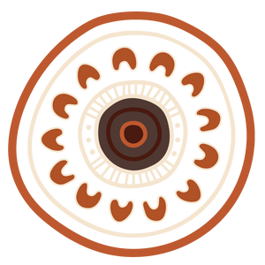A classic First Nations symbolic design depicting an inner community meeting place surrounded by an open outer ring of u-shaped sitting figures and campfires