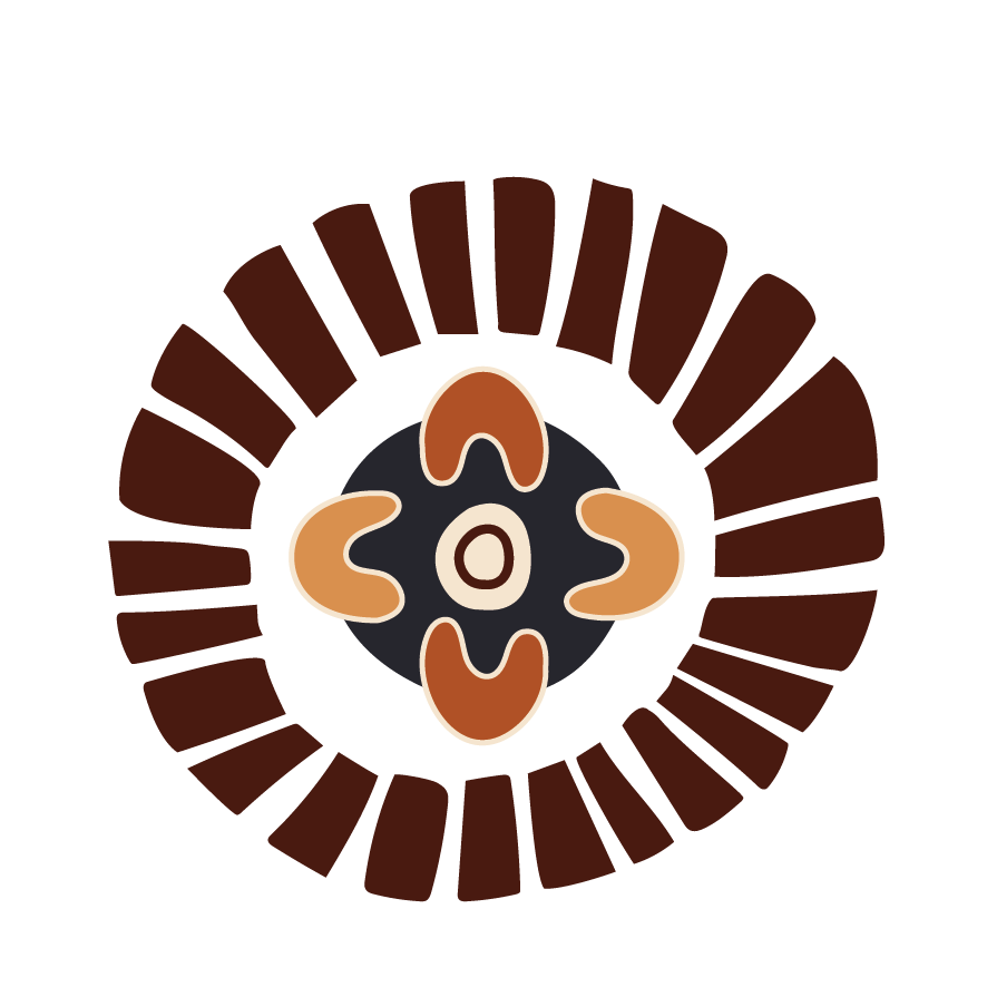 A complex circular artwork element displaying an inner four-pointed seed totem framed by a bold, dark sunburst array of radiating vertical bars.