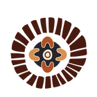 A complex circular artwork element displaying an inner four-pointed seed totem framed by a bold, dark sunburst array of radiating vertical bars.