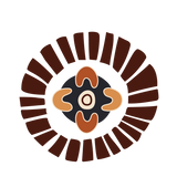 A complex circular artwork element displaying an inner four-pointed seed totem framed by a bold, dark sunburst array of radiating vertical bars.
